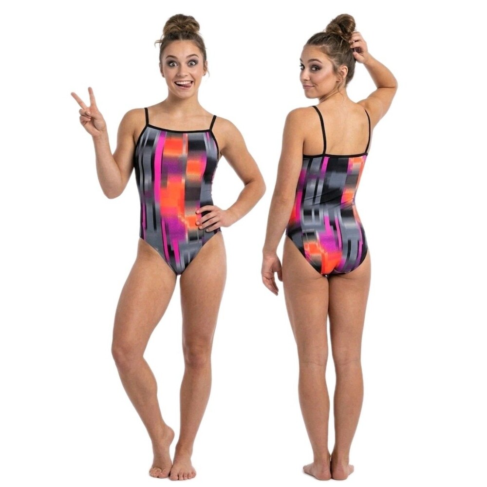 GK Elite VTG 90s Dizzy Colorblock Cami Leotard Size AM Adult M Black Pink Orange